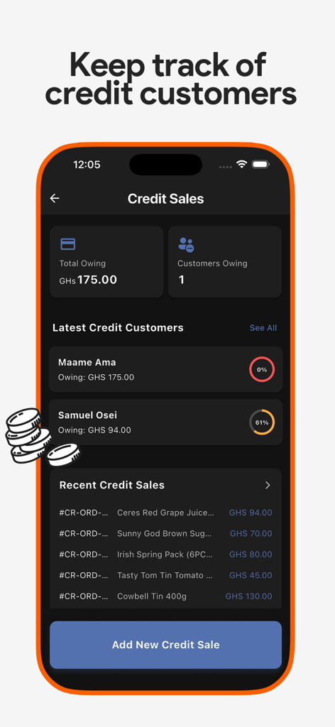 HotKiosk - Inventory & Sales - Interface do aplicativo móvel do HotKiosk mostrando um dashboard de vendas a crédito com valores totais devidos e uma lista de clientes a crédito.