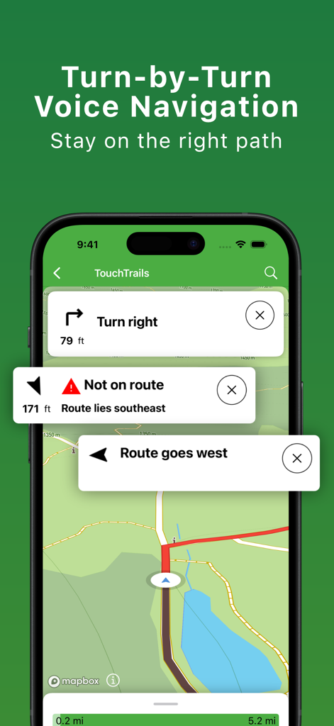 TouchTrails – Route Planner - Aplicación TouchTrails mostrando navegación por voz giro a giro y alertas de desvío en un mapa.