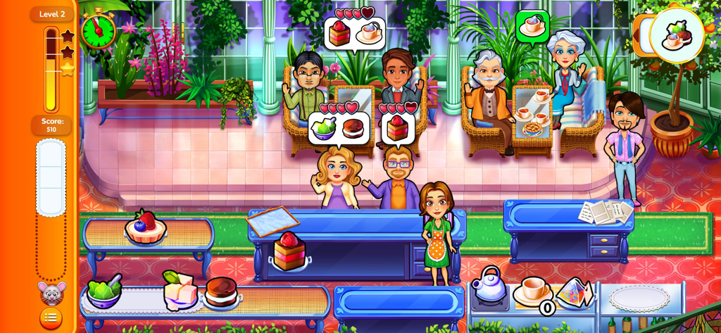 Delicious: Mansion Mystery - Pantalla de juego de Delicious Mansion Mystery que muestra a Emily sirviendo comida a clientes en un invernadero.