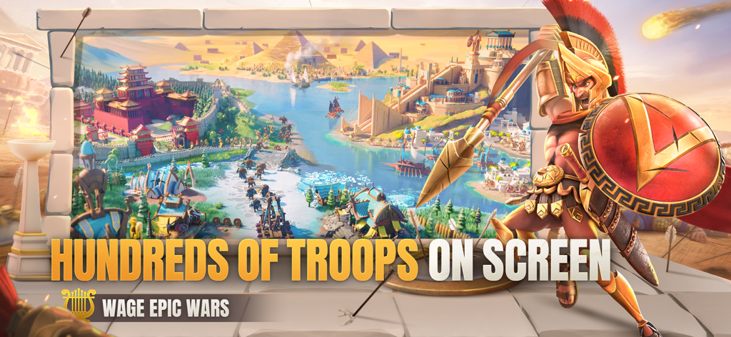 A Spartan warrior in front of a world map showing various historical civilizations and large armies in Rise of Kingdoms