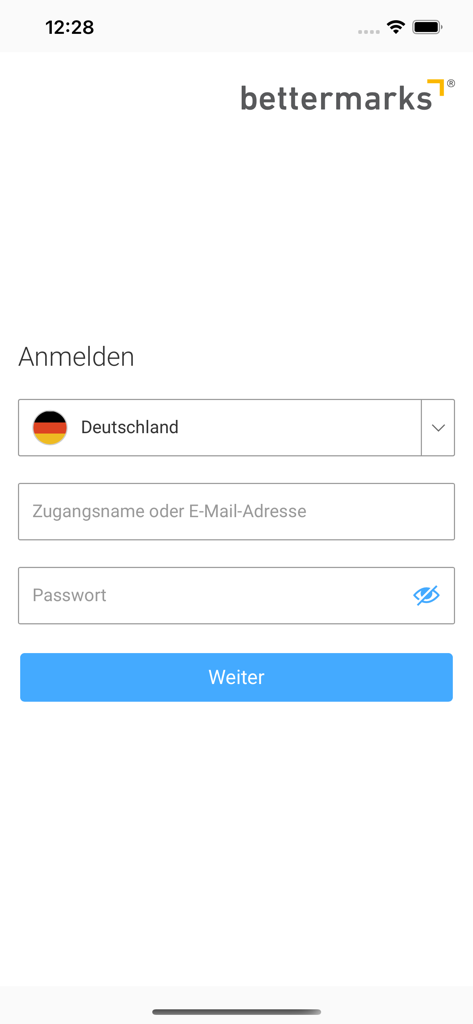 Login page of the bettermarks educational math app showing username and password input fields