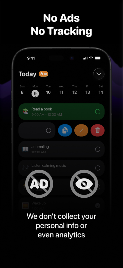 Daijobu – Daily Habit Tracker - Interface of Daijobu app highlighting privacy with no ads and no tracking for daily habits.