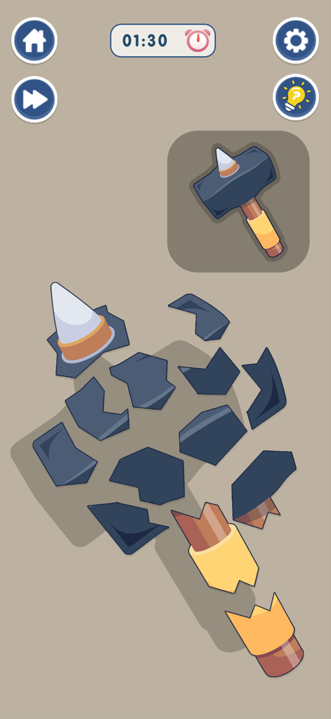 Mini Organizing Challenge Game - 조립해야 하는 부서진 돌 망치를 보여주는 모바일 게임 화면.