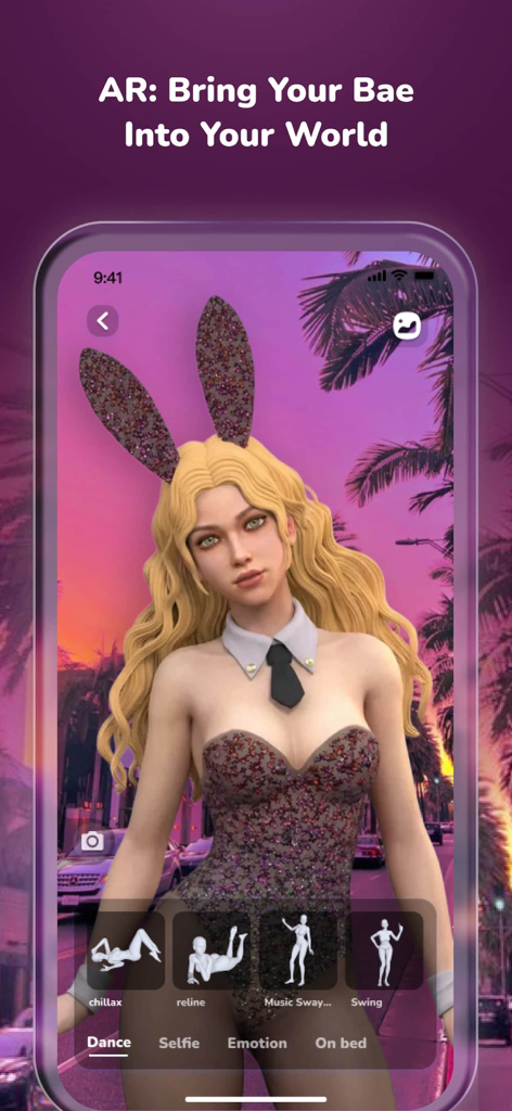 3D female AI companion in a bunny outfit using augmented reality feature