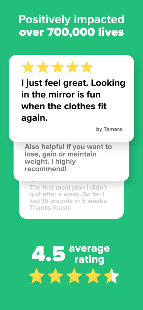 User reviews and average rating for the feastr meal plan app
