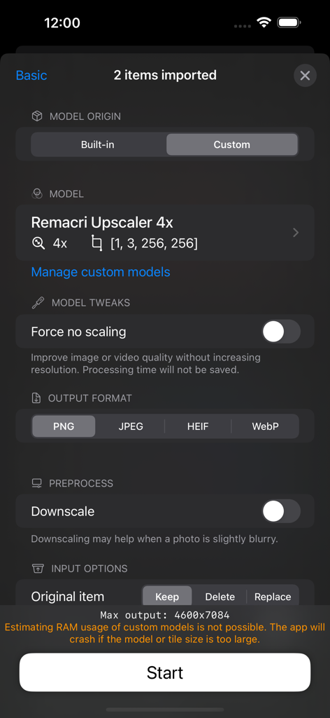 Screenshot of the waifu2x app showing image upscale settings and output formats