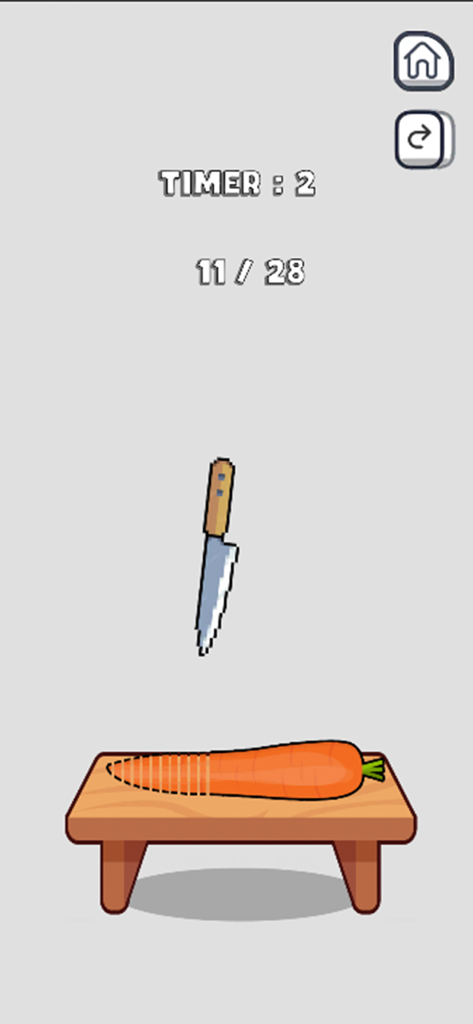 A mini game screen showing a knife ready to cut a carrot on a wooden board with a timer and progress counter.