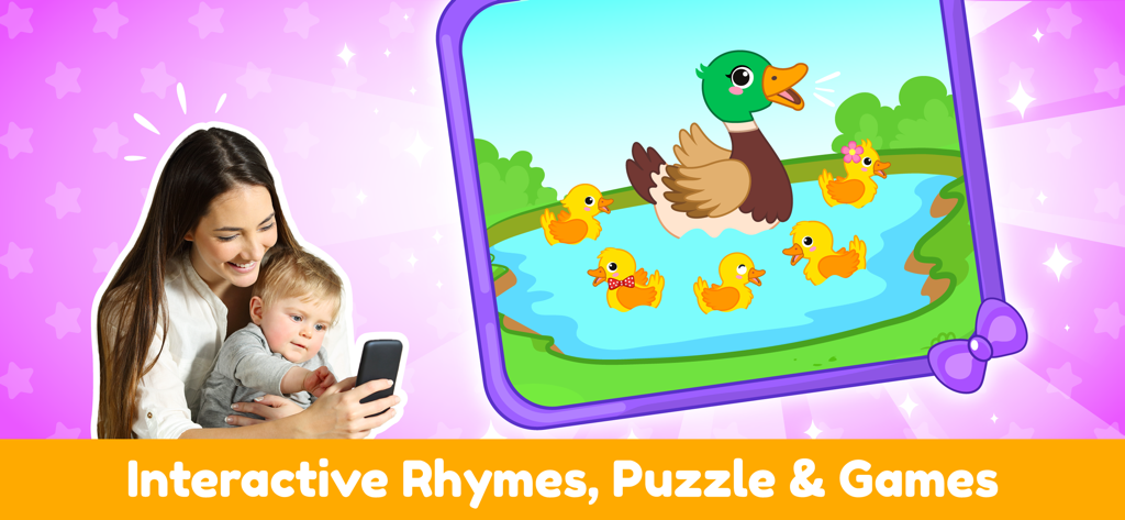 Kids Nursery Rhymes & Songs 1+ - Una madre y un pequeño mirando un smartphone junto a una ilustración de una familia de patos en un estanque.