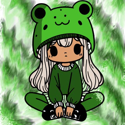 a girl wearing a frog hat and some frog socks