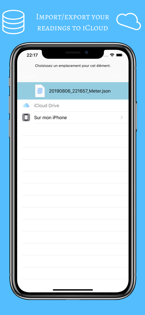Interface for importing and exporting electricity meter readings to iCloud on an iPhone.