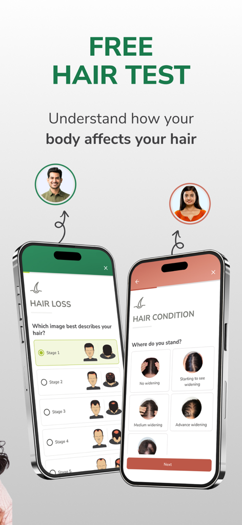 Mobile screens for Traya free hair test showing hair loss stages and thinning conditions for men and women.