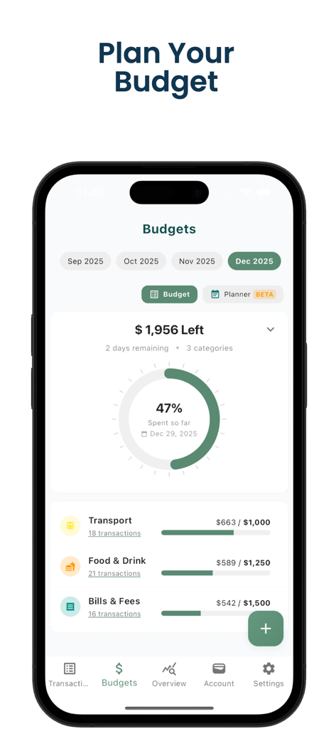 Money Manager: Daily Expenses - Uma tela de aplicativo móvel minimalista mostrando uma visão geral do orçamento mensal com progresso de gastos circular e rastreamento de despesas por categoria para Transporte e Alimentação