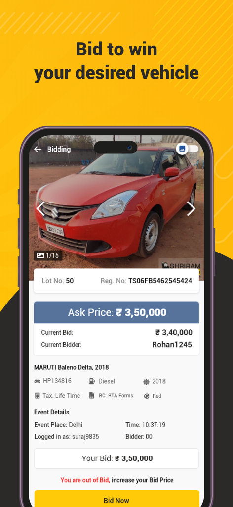 MySAMIL - A mobile interface of the MySAMIL app showing a live auction for a used car with details on the ask price and current bid