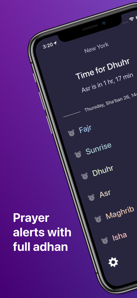Interface of Guidance app on iPhone showing daily Islamic prayer times and full adhan alerts