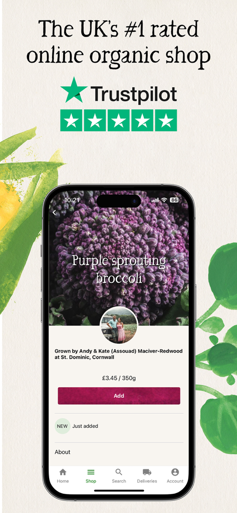 Riverford app product screen for purple sprouting broccoli showing farm origin details and a five star Trustpilot rating