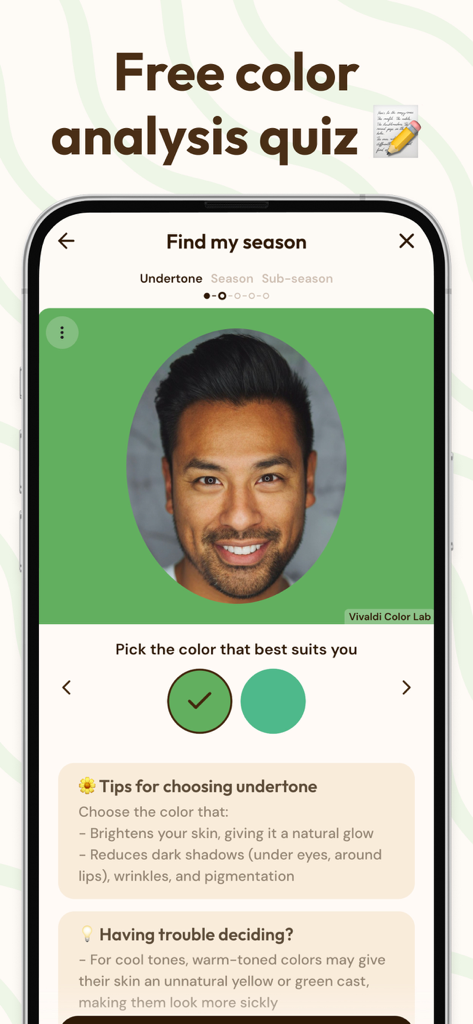 Vivaldi Color Analysis - Una interfaz de aplicación móvil que muestra a un hombre realizando un cuestionario gratuito de análisis de color para determinar su subtono de piel comparando diferentes tonos de verde.