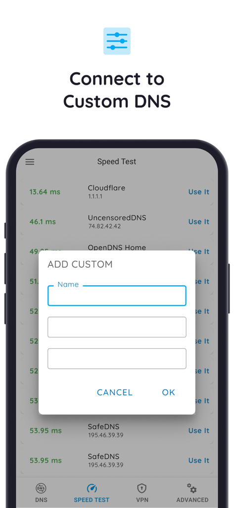 DNS & IP Changer - Secure VPN - DNSおよびIPチェンジャーアプリのスピードテスト結果リストの上に、カスタムDNSサーバーを追加するポップアップが表示されているモバイルインターフェース。