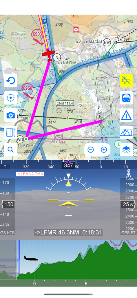 Airmate - Airmate app displaying moving aeronautical map EFIS with synthetic vision and flight profile