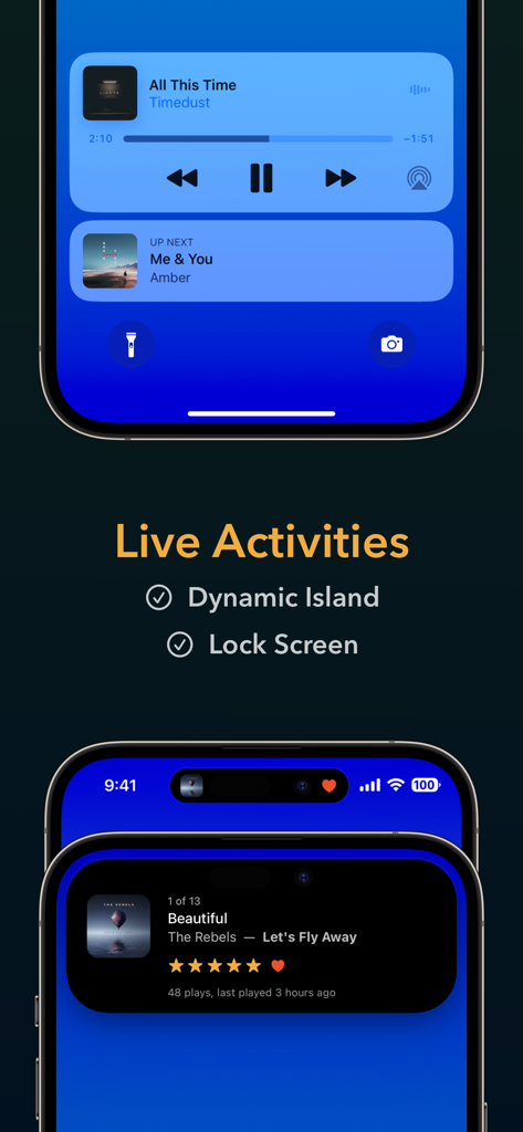 Marvis Pro - Marvis Pro app features showing live activities on the iPhone lock screen and music metadata in the Dynamic Island.