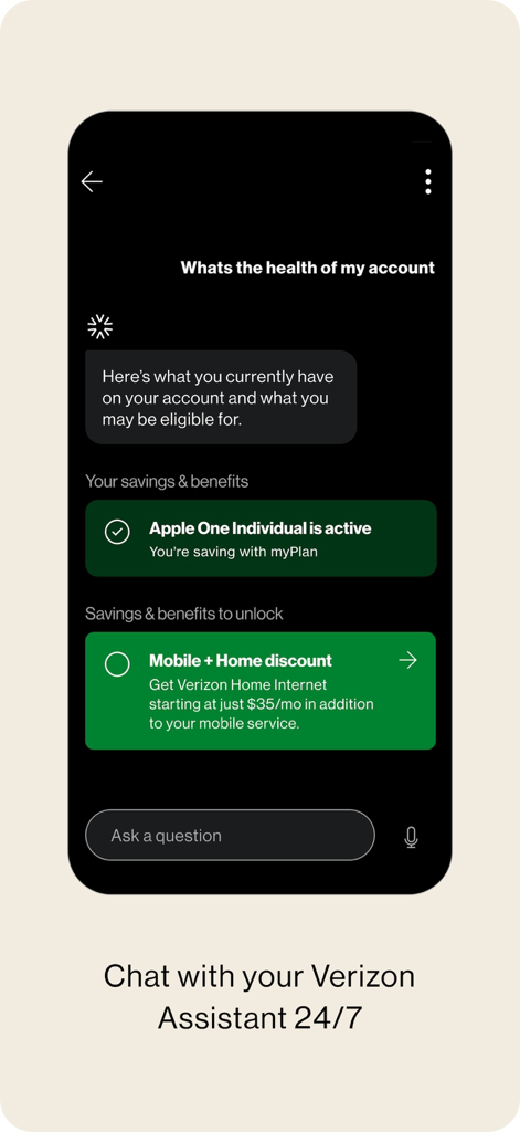 Screen showing the My Verizon Assistant chat interface with account health and savings info