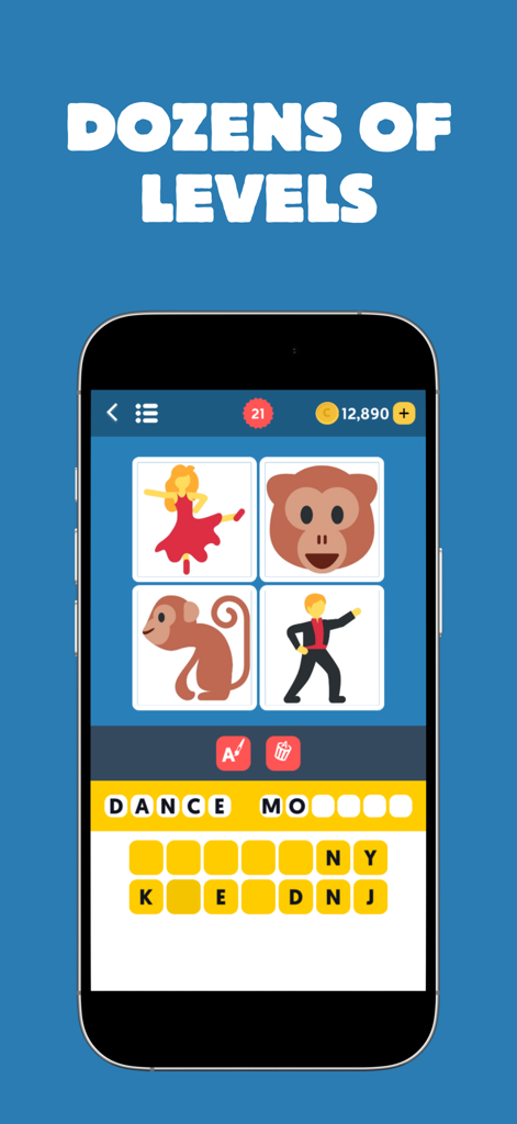 Una pantalla de juego móvil que muestra un rompecabezas de emojis para la canción Dance Monkey con opciones para seleccionar letras.