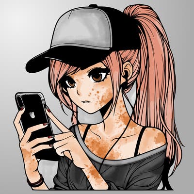 realistic girl with a long ponytail and trucker hat holding an iphone