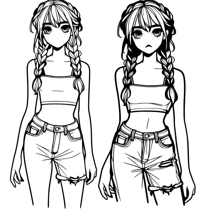 a realistic teen with two plats and some bangs wearing ripped jeans and a cut crop top