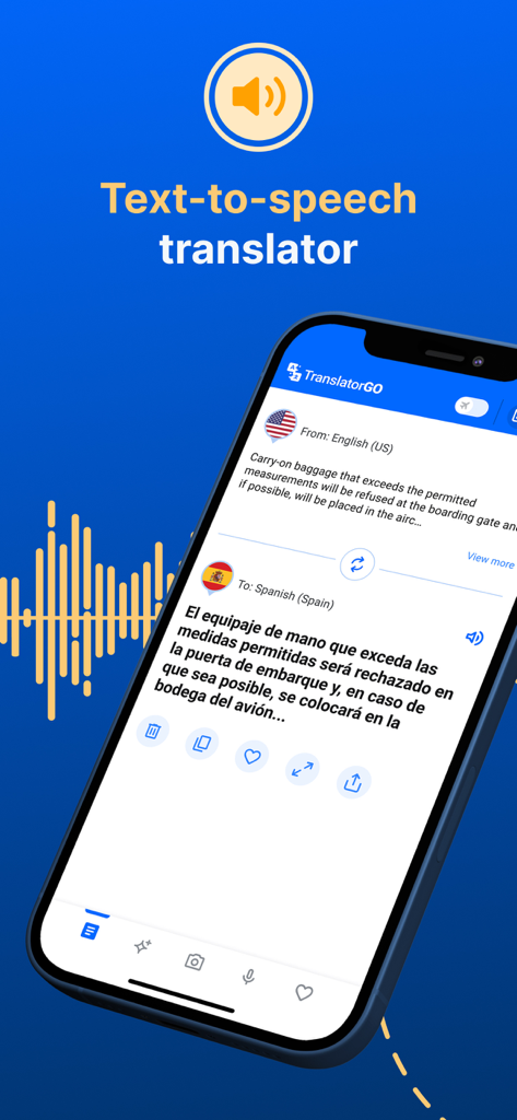 Translator GO app interface showing text to speech translation from English to Spanish