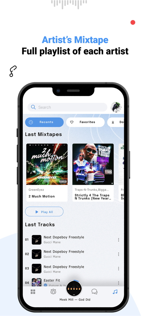 LiveMixtapes - Mixtape Culture - LiveMixtapes app interface showing artist mixtapes and a full playlist of tracks