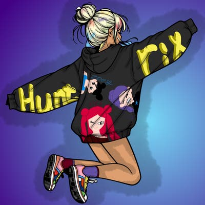 realistic girl jumping with a bun and oversized sweatshirt