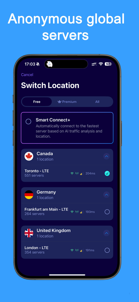 VPN Proxy Fast - Super VPN - Interfaccia dell'app VPN Proxy Fast che mostra un elenco di server globali anonimi in paesi come Canada, Germania e Regno Unito.