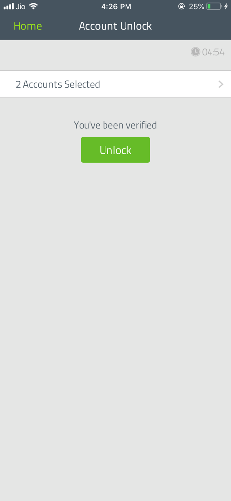 ManageEngine ADSelfService Plus app screen showing a verified user ready to unlock their corporate accounts