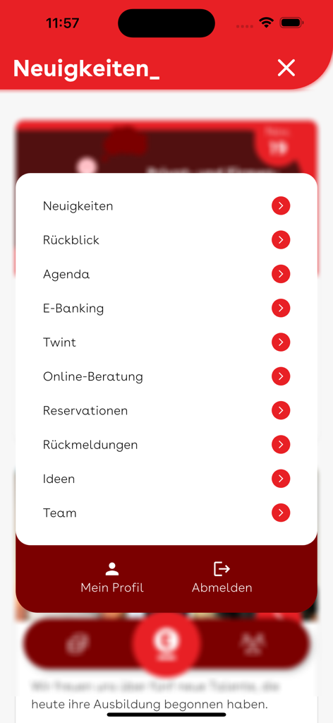 Navigationsmenübildschirm der Erlebnisbank-App mit Optionen für Bankdienstleistungen und Community-Engagement