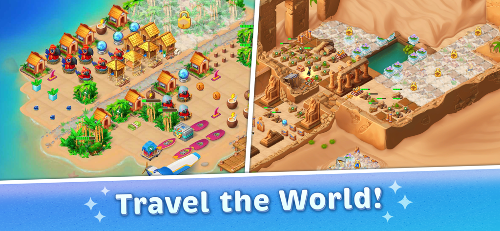 Travel Merge Family - Split screen of Travel Merge Family showing a tropical island and an Egyptian desert level with the text Travel the World