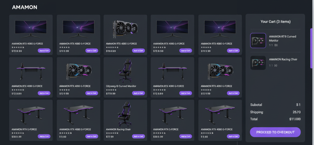 Interfaccia del negozio di hardware in-game che mostra schede grafiche, monitor e sedie da gaming in vendita.