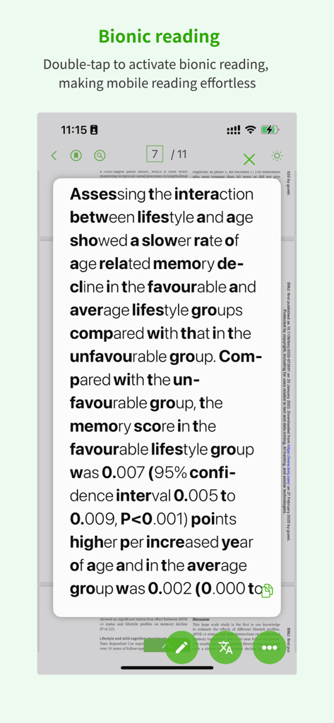 A mobile screen showing the bionic reading feature of the ivySCI app to improve reading speed for researchers.