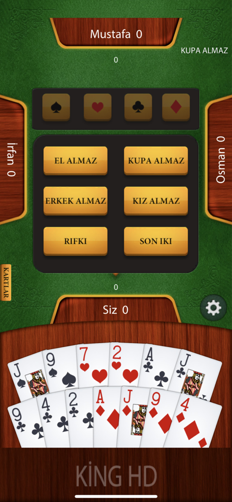 King HD - King HD mobile card game screen with player hand and strategy selection buttons