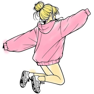 realistic girl jumping with a bun and oversized sweatshirt