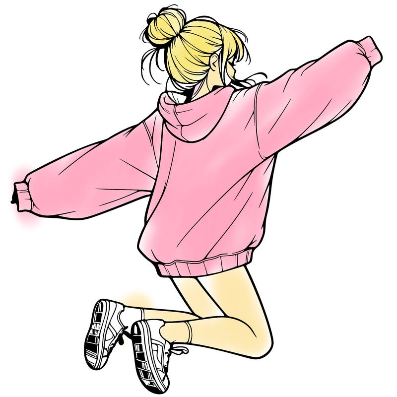 realistic girl jumping with a bun and oversized sweatshirt