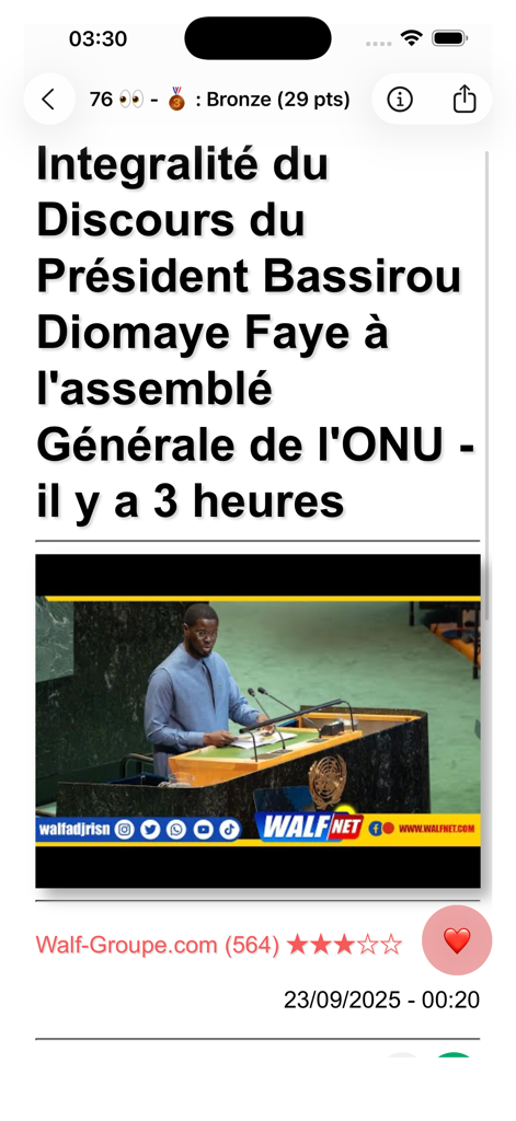 Articolo di notizie nell'app Actu Senegal che mostra il Presidente Bassirou Diomaye Faye che parla all'Assemblea Generale delle Nazioni Unite