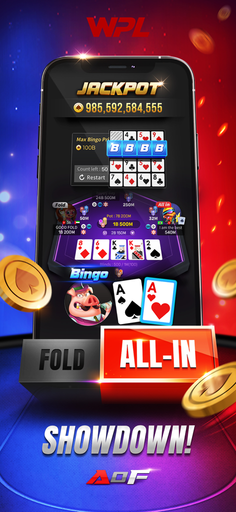 WPL poker mobile game screen featuring an all-in showdown with a pair of aces and a large jackpot.