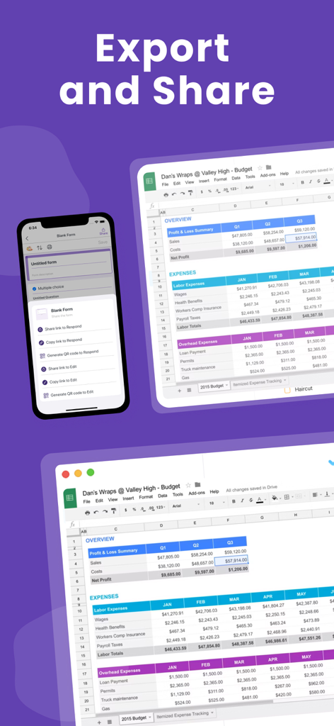 Oberfläche der App Forms für Google Formulare, die Freigabeoptionen und in eine Google Sheets-Tabelle exportierte Daten anzeigt.
