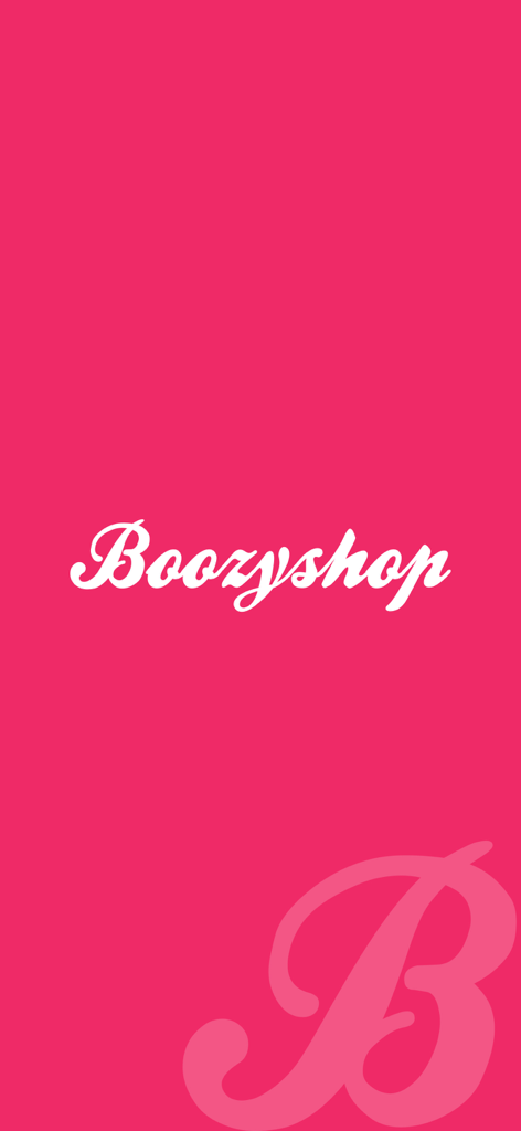 Boozyshop - the make up app - Boozyshop mobile app splash screen with white cursive brand logo on a pink background