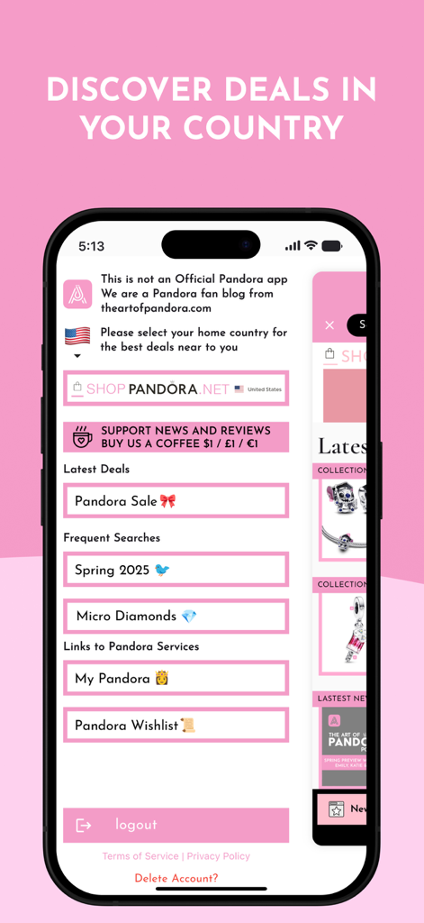 The Art Of Pandora - The Art of Pandora app screenshot showing international deals and frequent jewelry searches