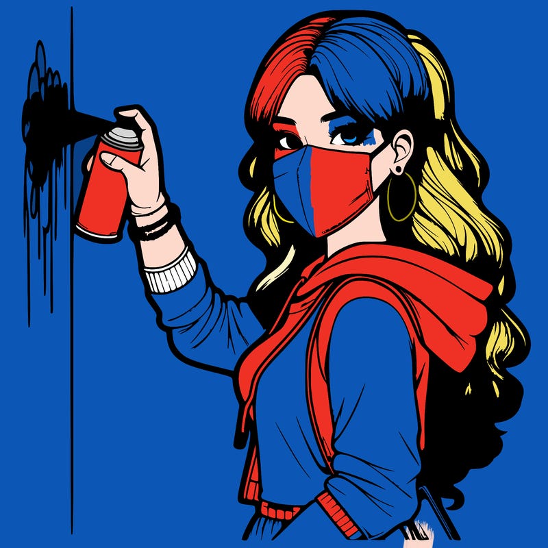 realistic girl with mask spray painting a wall