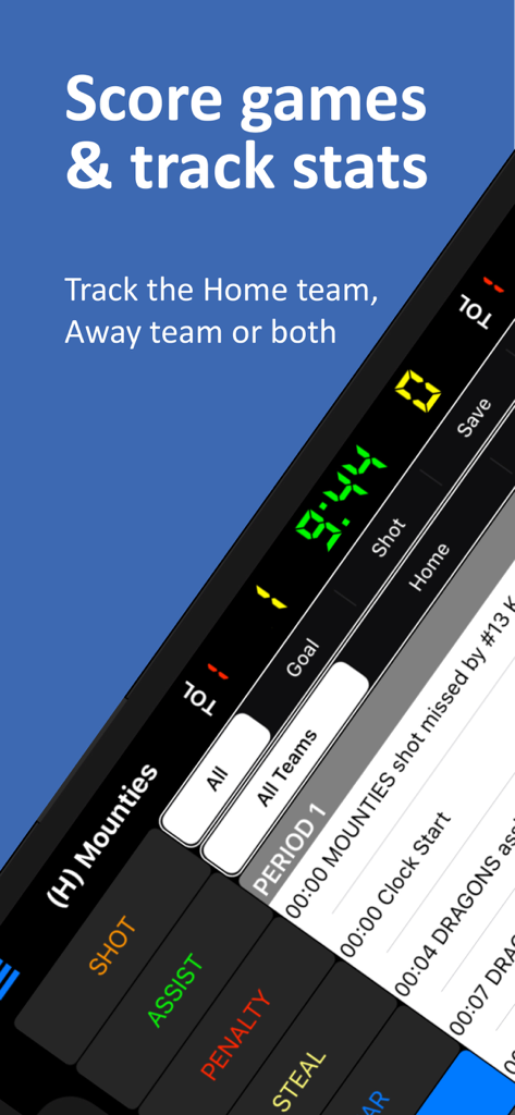 Hockey Scorebook + Stats - Interface of the Hockey Scorebook plus Stats app showing the game scoreboard and buttons for tracking shots assists and penalties