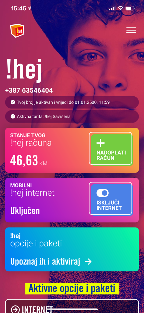 Captura de tela do aplicativo móvel hej mostrando o saldo da conta e as configurações de dados