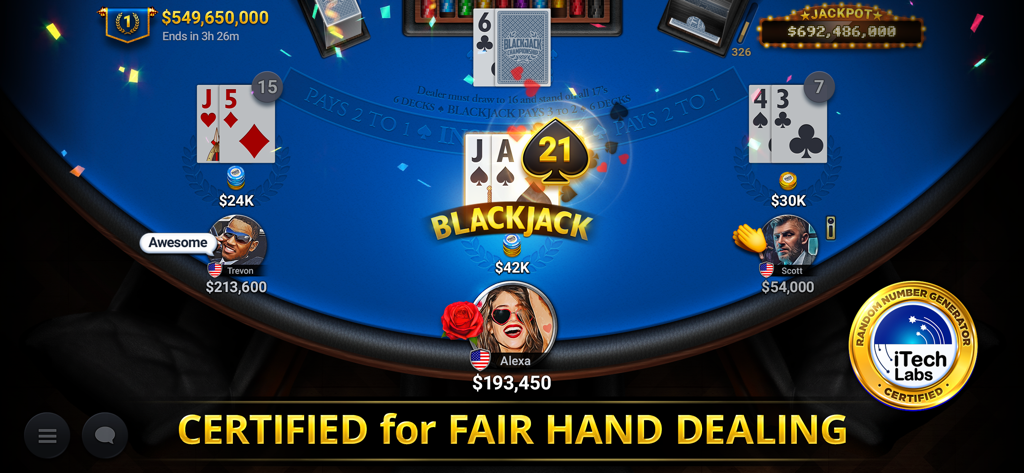 Blackjack Championship - Blackjack Championship game screen showing a winning hand and iTech Labs certification for fair dealing