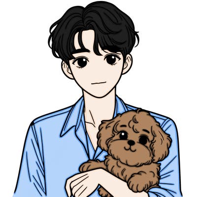 handsome korean boy holding cute dog