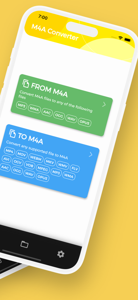 M4A Converter, M4A to MP3 - M4A Konverter App-Bildschirm, der Optionen zur Konvertierung von Audio- und Videodateien von und zu M4A-Format anzeigt
